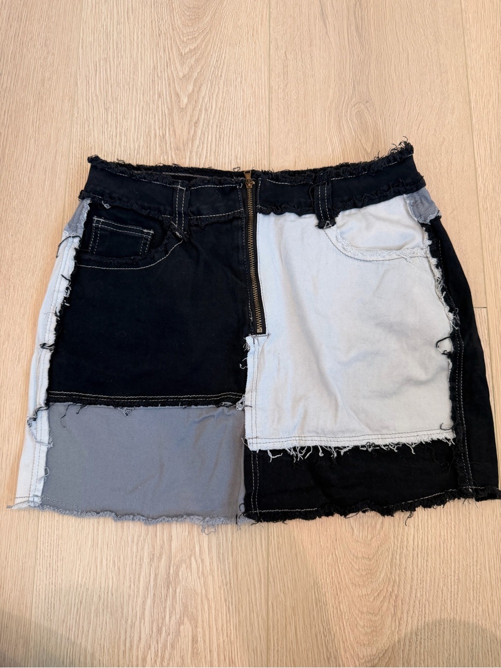 Patchwork Black & Light Gray Denim Mini Skirt